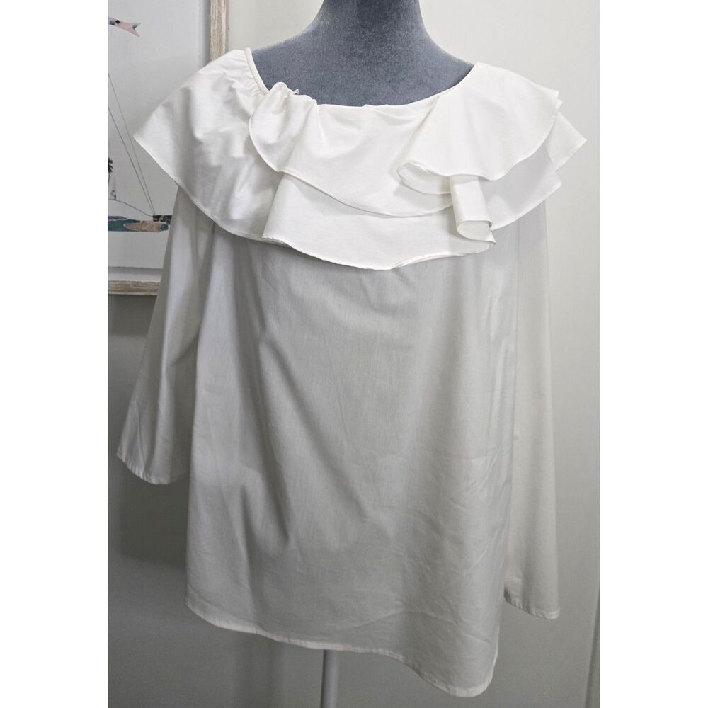 Calvin Klein White Ruffle Blouse Women’s L Long Sleeve Modern Essentials
